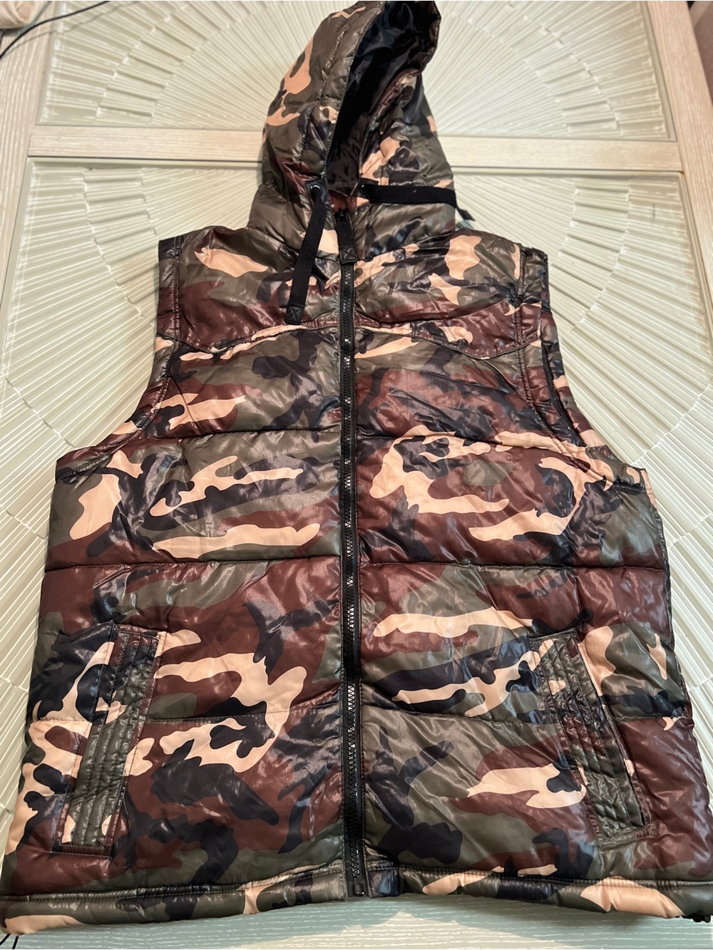 mark. Hooded Camo Quilted Puffer Vest in Brown and Green